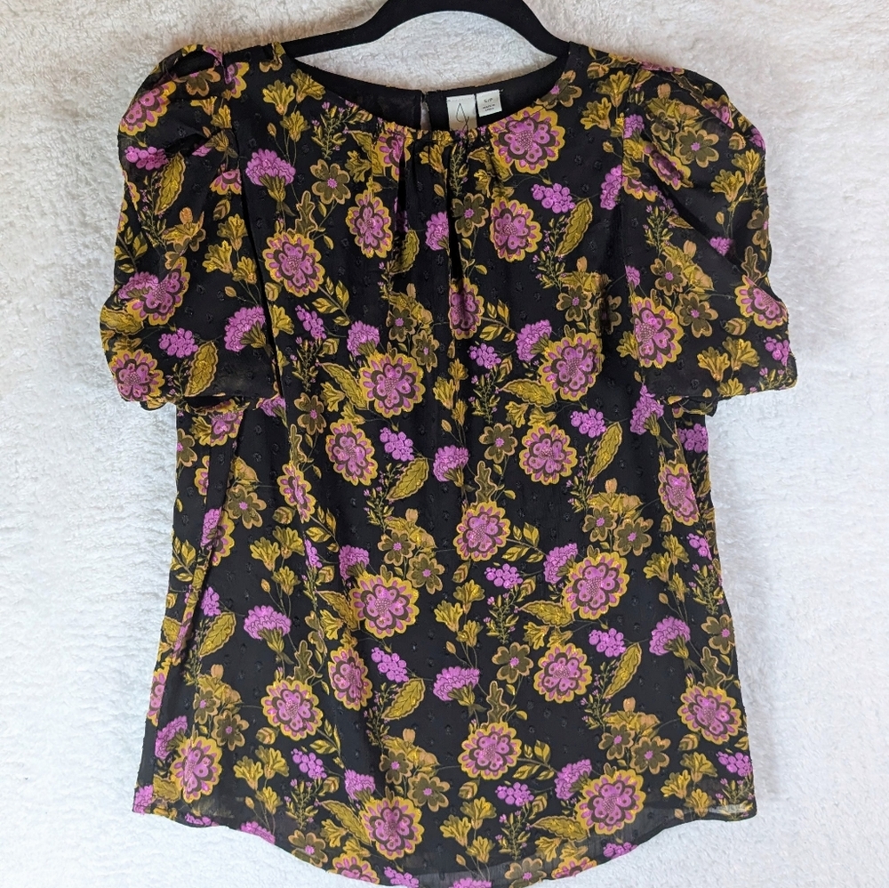 Joie Black Floral Puff-Sleeve Blouse in Pink and Gold